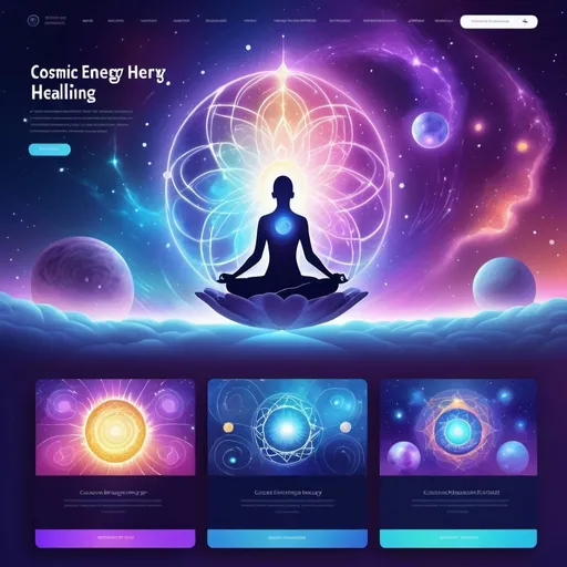 Prompt: Cosmic energy healing website homepage, vibrant cosmic energy illustrations, serene and peaceful atmosphere, high-res, detailed digital rendering, calming color palette, balanced energy flow, cosmic energy symbols, professional and modern design, soft gradients and gentle lighting, spiritual healing, peaceful ambiance, serene cosmic illustrations, professional web layout, modern design, vibrant energy, balanced layout