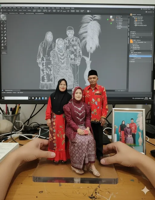 Prompt: 
Two hands gently pick up the figure in the frane and rotate it slightly for inspection . The model on the computer screen and the model printed on the packaging box remain stationary , while all the background elements stay unchanged .