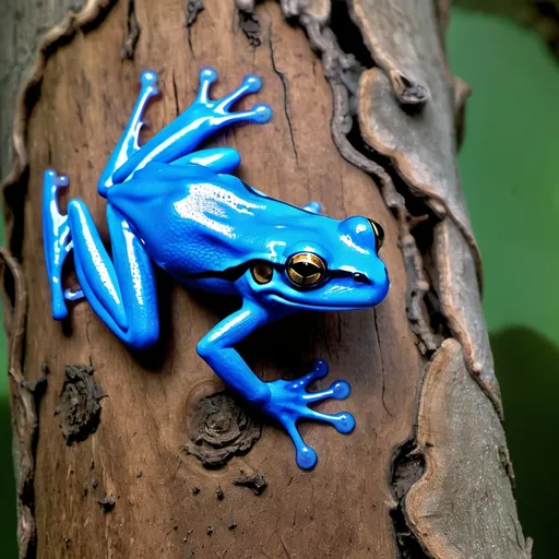 Prompt: Bright blue frog on tree trunk