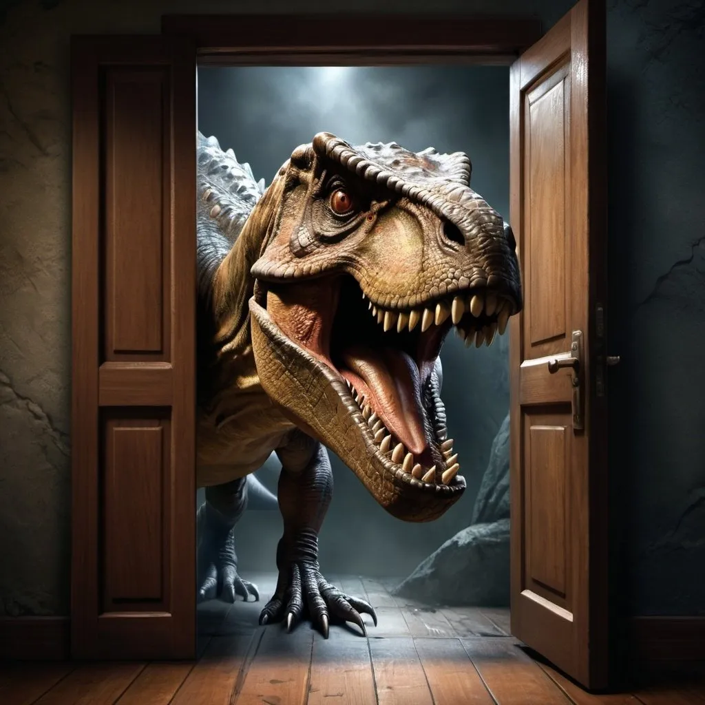 Prompt: Dinosaur behind the door, digital painting, realistic details, intense and dramatic, prehistoric, dark and ominous atmosphere, high quality, highres, ultra-detailed, digital painting, realistic, dramatic lighting, prehistoric setting, detailed scales and textures, imposing presence