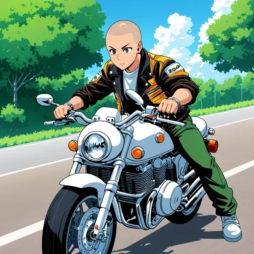 Prompt: Anime boy with buzz cut hair style ridding a motorcycle