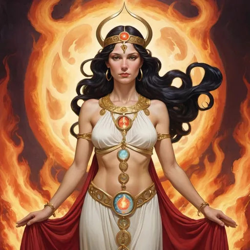 Prompt: BEHOLD THE GODDESS PROMETHEA, fire, caduceus, divine power, FEMALE POWER, MUCH CLOTHING