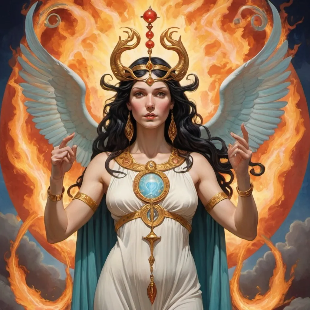 Prompt: BEHOLD THE GODDESS PROMETHEA, fire, caduceus, divine power, FEMALE POWER, MUCH CLOTHING