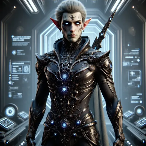 Prompt: A regal, cybernetically enhanced humanoid noble of the Viralynth Autocracy. Tall, lithe frame clad in biomechanical armor that blends ceremonial elegance with nanotech precision. The armor is dark, reflective, and organically contoured—engraved with fractal-like circuitry and inlaid with glowing gravitic nodes and micro-ornaments of red and blue light. His face is pale and statuesque with sharp angular features, adorned with intricate black neural-tattoos and nanite etchings across his brow and cheekbones. Eyes glow an intense bioluminescent blue, exuding calm menace and intellect. Elongated ears, swept back hair, and a vertical estoc-style blade sheathed across the back. The background is a high-tech command sanctum with holographic displays and gravitic interfaces. The figure stands with poise and dominion, embodying Viralynth technocratic nobility and engineered superiority.