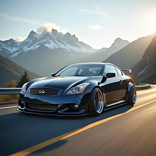 Prompt: Slammed stance car (Infiniti G37), driving on a mountain road, early morning light casting a warm glow, mist rolling over the peaks, clear blue sky, stunning mountainous backdrop, sharp details, smooth asphalt, dynamic angle showcasing the car's sleek design, ultra-detailed, photorealistic, vibrant colors, emphasizing the natural beauty of the landscape, the vehicle's aggressive styling contrasting with serene surroundings.