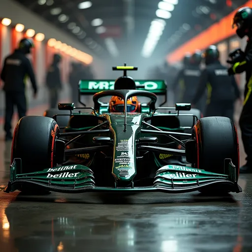 Prompt: (aggressive Mercedes Benz Formula 1 car), pit stop setting, (dynamic angles), rich green accents, sleek black detailing, striking yellow highlights, intense atmosphere, beautifully arranged, vibrant colors, (highly detailed), professional automotive photography, bright shadows and lighting, energy-filled ambiance, ultra-detailed, pre-race tension.