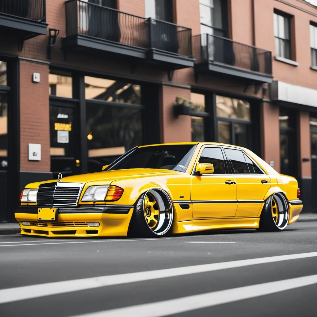 Prompt: Slammed 90's mercedesBenz with deep dish chrome wheels, glossy yellow color, parked during the morning time, realistic styling
