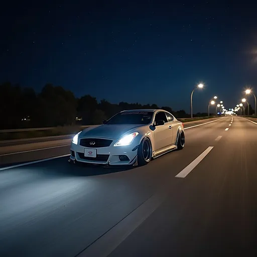 Prompt: Slammed stance car infiniti g37 driving on a empty highway at night