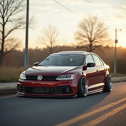 Prompt: (photorealistic) image of a (slammed 2016 Volkswagen Jetta), showcasing (nice wheels) and (stunning stance), adorned with (candy paint) that shimmers in the sunlight, parked against a (scenic morning backdrop). Soft lighting enhances the (realistic styling) and (logos), captured with (high-quality car photography) techniques, presenting the car from a distance to emphasize its beauty in the surroundings.