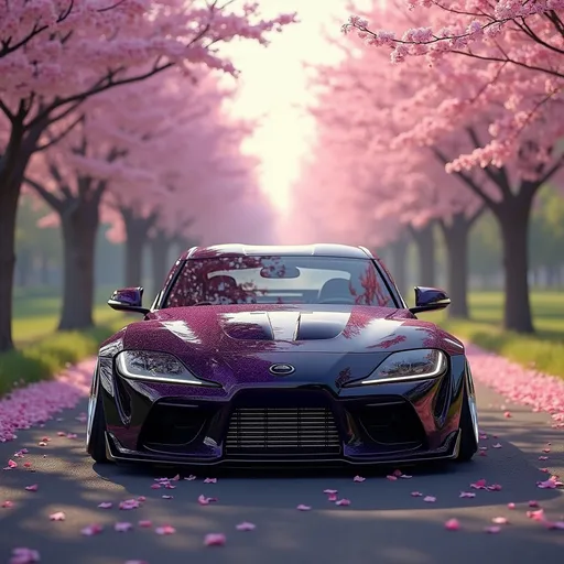 Prompt: (glossy black colored 90's stance car), purple flaked paint, chrome wheels, driving down a scenic road, flanked by (cherry blossom trees), illuminated by the (warm morning sun), a touch of (slight fog) embracing the landscape, dynamic and engaging atmosphere, inviting and cheerful, detailed foliage and petals in bloom, (ultra-detailed), capturing the essence of springtime beauty and serenity. Photorealistic