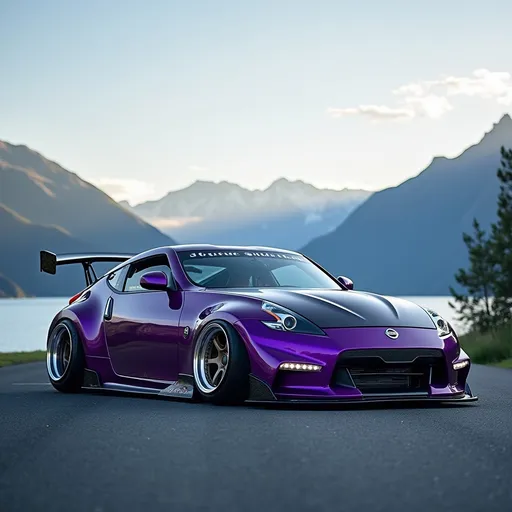 Prompt: purple Slammed stance car (Nissan 370z), Custom Japanese wheels,  parked on a lakeside road, early morning light casting a warm glow, mist rolling over the peaks, clear blue sky, stunning mountainous backdrop, sharp details, smooth asphalt, dynamic angle showcasing the car's sleek design, ultra-detailed, photorealistic, vibrant colors, emphasizing the natural beauty of the landscape, the vehicle's aggressive styling contrasting with serene surroundings.