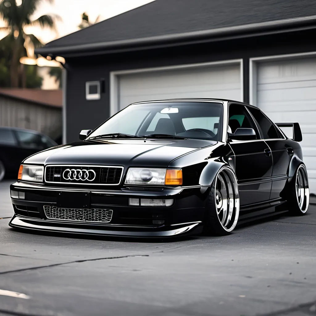 Prompt: Slammed 90's Audi with deep dish chrome wheels, glossy black color, parked during the morning time, realistic styling, realistic logos
