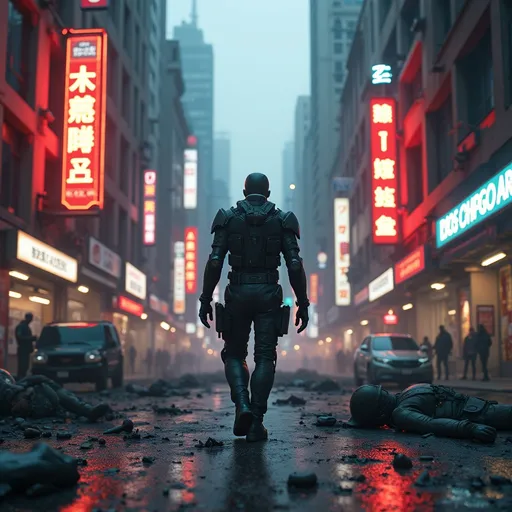 Prompt: Futuristic soldier walking through the streets of a war torn futuristic city with glowing Neon advertisement signs plastered on buildings, street littered with dead civilians