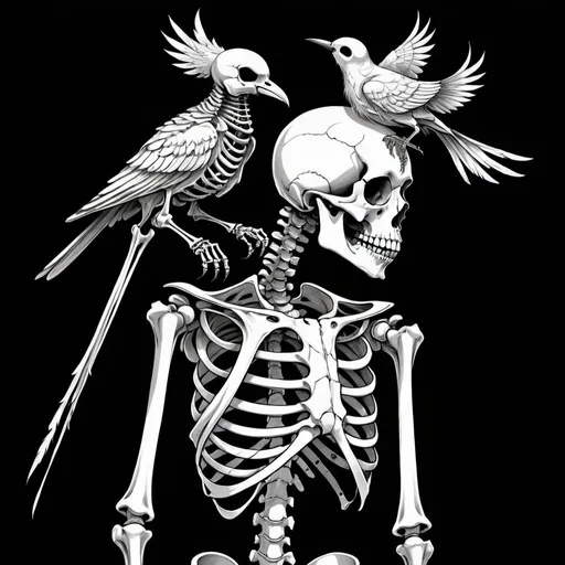 Prompt: a drawing of a skeleton with a bird on its head and a bird on its arm, sitting in front of a black background, Android Jones, gothic art, dark art, cyberpunk art