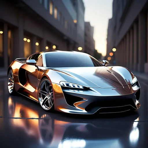 Prompt: Sports car, glossy metallic finish, lights reflecting on the car, dynamic and sleek design, high quality, dynamic design