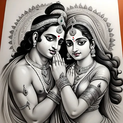 Prompt: draw colourfull pencil art of divine radha krishna portrayal