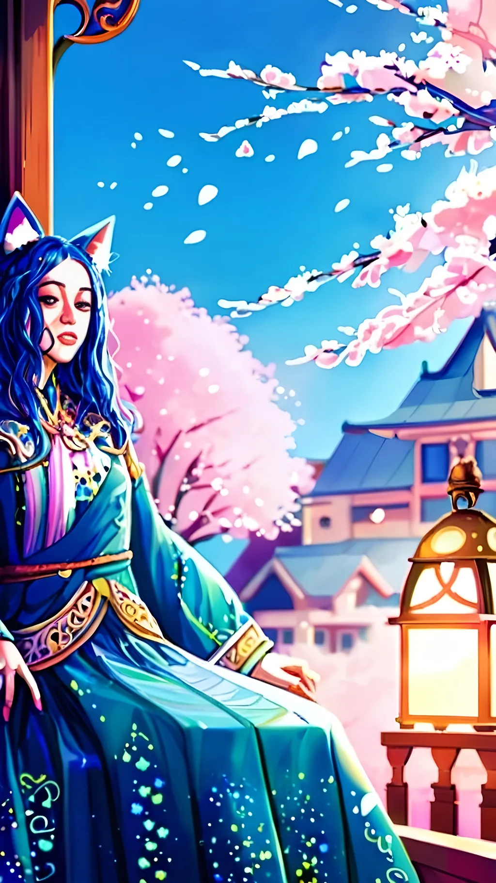 Prompt: (Anime girl), (shy expression), long blue hair, cat ears, sparkling eyes, intricate outfit with delicate patterns, soft pastel colors, whimsical ambiance, lively background filled with cherry blossoms, dreamy setting, ultra-detailed, captivating character design, uplifting mood, highlights reflecting light, magical atmosphere, visually enchanting artwork.