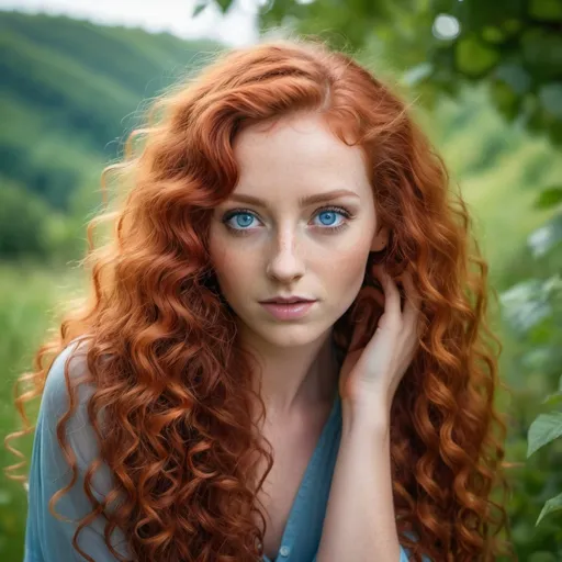 Prompt: A woman, long red curly hair, small, realistic, beautifull, in nature, hands in hair, looking at camera, young, photorealisic, piercing blue eyes