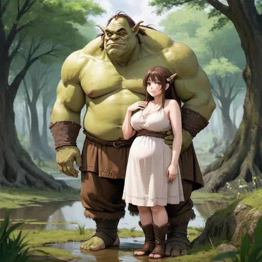 Prompt: an anime photo of an ogre woman and her husband, she is plump and well endowed, maiden dress, barefoot, she is blushing, her husband is patting her on the head as she leans into his chest, he is tall, strong and handsome, tunic, boots, brown pants, they are by the swamp, she is embarrassed at how attracitve and dreamy she finds the ogre man. she is looking up at him lovingly

