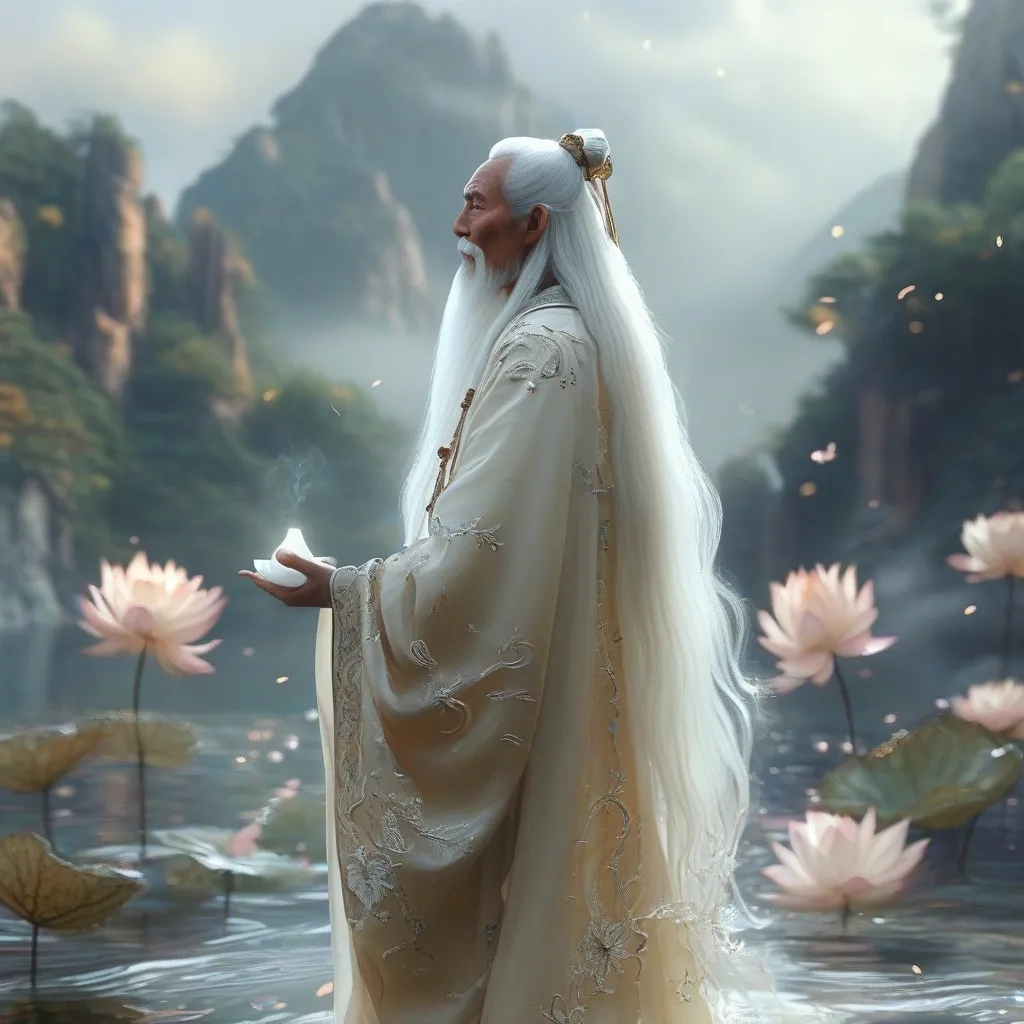 Prompt: A serene and ancient Daoist sage standing in a tranquil, otherworldly landscape. He has long, flowing white hair and a long white beard, both shimmering with a soft glow. His skin is pale and radiant, exuding an ethereal, ageless quality. He is dressed in an elegant Daoist robe adorned with intricate lotus patterns and celestial designs, colored in pure white and silver. Surrounding him is an aura of purity, represented by faint glowing mist and blooming lotus flowers floating in the air. In his hands, he holds a white lantern emitting a soft, purifying light. The background features a clear sky with gentle rays of sunlight breaking through, illuminating a mountain temple shrouded in clouds and serenity. The atmosphere conveys wisdom, tranquility, and divine power.