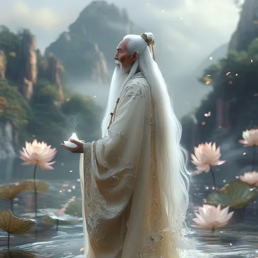 Prompt: A serene and ancient Daoist sage standing in a tranquil, otherworldly landscape. He has long, flowing white hair and a long white beard, both shimmering with a soft glow. His skin is pale and radiant, exuding an ethereal, ageless quality. He is dressed in an elegant Daoist robe adorned with intricate lotus patterns and celestial designs, colored in pure white and silver. Surrounding him is an aura of purity, represented by faint glowing mist and blooming lotus flowers floating in the air. In his hands, he holds a white lantern emitting a soft, purifying light. The background features a clear sky with gentle rays of sunlight breaking through, illuminating a mountain temple shrouded in clouds and serenity. The atmosphere conveys wisdom, tranquility, and divine power.