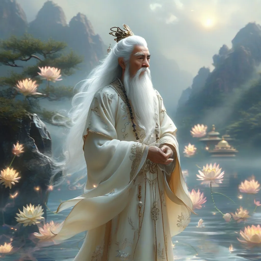 Prompt: A serene and ancient Daoist sage standing in a tranquil, otherworldly landscape. He has long, flowing white hair and a long white beard, both shimmering with a soft glow. His skin is pale and radiant, exuding an ethereal, ageless quality. He is dressed in an elegant Daoist robe adorned with intricate lotus patterns and celestial designs, colored in pure white and silver. Surrounding him is an aura of purity, represented by faint glowing mist and blooming lotus flowers floating in the air. In his hands, he holds a white lantern emitting a soft, purifying light. The background features a clear sky with gentle rays of sunlight breaking through, illuminating a mountain temple shrouded in clouds and serenity. The atmosphere conveys wisdom, tranquility, and divine power.