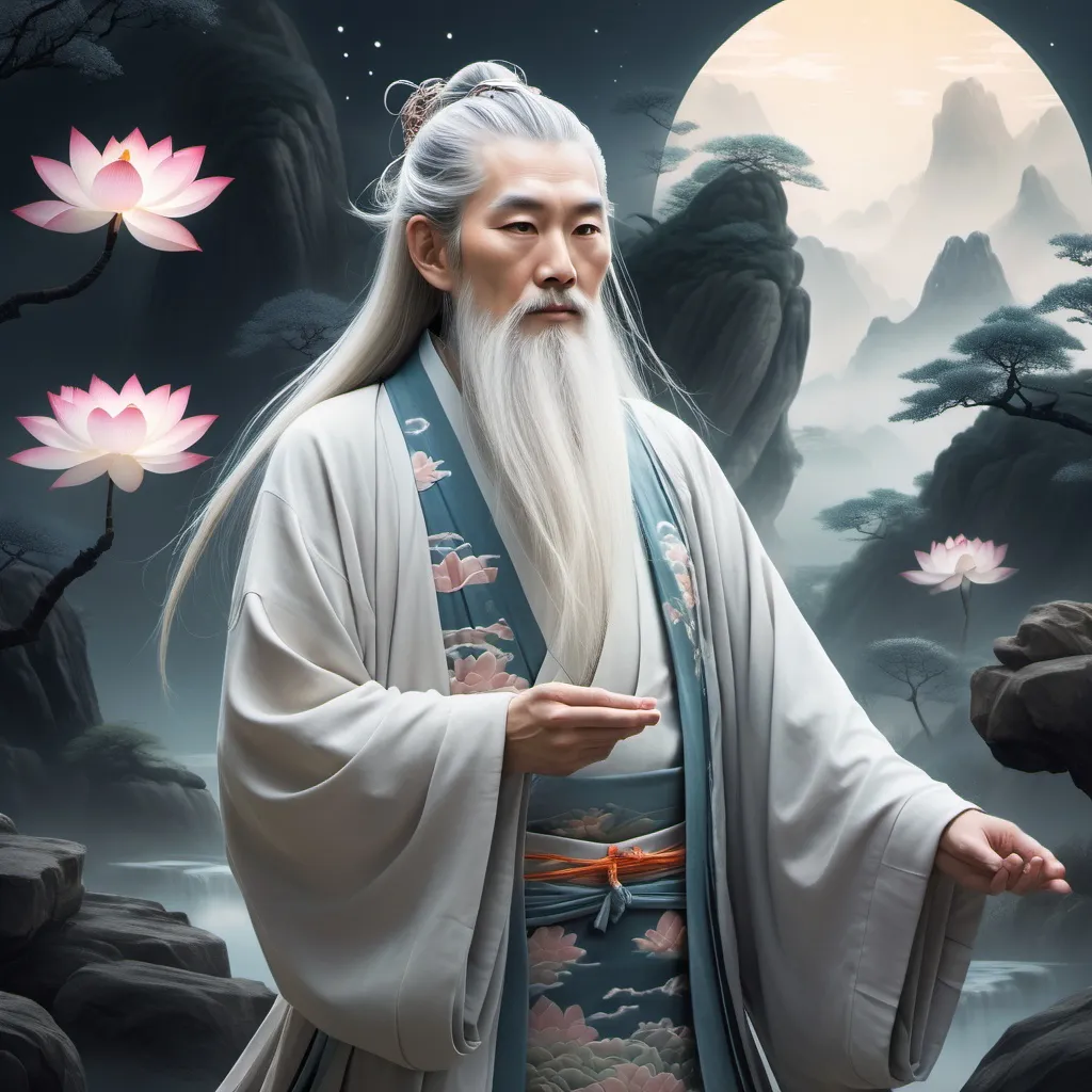 Prompt: A serene and ancient Daoist sage standing in a tranquil, otherworldly landscape. He has long, flowing white hair and a long white beard, both shimmering with a soft glow. His skin is pale and radiant, exuding an ethereal, ageless quality. He is dressed in an elegant Daoist robe adorned with intricate lotus patterns and celestial designs, colored in pure white and silver. Surrounding him is an aura of purity, represented by faint glowing mist and blooming lotus flowers floating in the air. In his hands, he holds a white lantern emitting a soft, purifying light. The background features a clear sky with gentle rays of sunlight breaking through, illuminating a mountain temple shrouded in clouds and serenity. The atmosphere conveys wisdom, tranquility, and divine power.