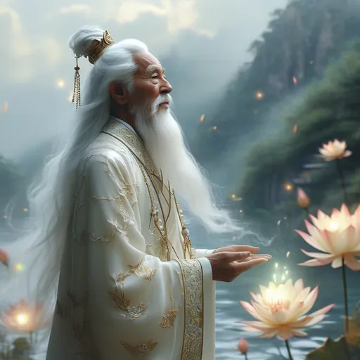 Prompt: A serene and ancient Daoist sage standing in a tranquil, otherworldly landscape. He has long, flowing white hair and a long white beard, both shimmering with a soft glow. His skin is pale and radiant, exuding an ethereal, ageless quality. He is dressed in an elegant Daoist robe adorned with intricate lotus patterns and celestial designs, colored in pure white and silver. Surrounding him is an aura of purity, represented by faint glowing mist and blooming lotus flowers floating in the air. In his hands, he holds a white lantern emitting a soft, purifying light. The background features a clear sky with gentle rays of sunlight breaking through, illuminating a mountain temple shrouded in clouds and serenity. The atmosphere conveys wisdom, tranquility, and divine power.