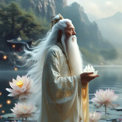 Prompt: A serene and ancient Daoist sage standing in a tranquil, otherworldly landscape. He has long, flowing white hair and a long white beard, both shimmering with a soft glow. His skin is pale and radiant, exuding an ethereal, ageless quality. He is dressed in an elegant Daoist robe adorned with intricate lotus patterns and celestial designs, colored in pure white and silver. Surrounding him is an aura of purity, represented by faint glowing mist and blooming lotus flowers floating in the air. In his hands, he holds a white lantern emitting a soft, purifying light. The background features a clear sky with gentle rays of sunlight breaking through, illuminating a mountain temple shrouded in clouds and serenity. The atmosphere conveys wisdom, tranquility, and divine power.