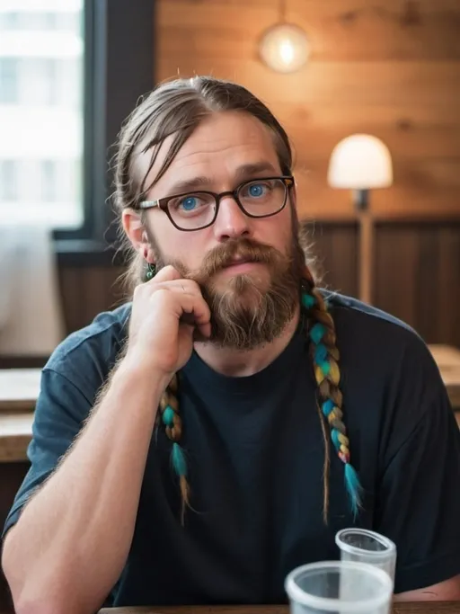 Prompt: White man with a face between square and round, blue eyes, medium brown hair with long and colorful bangs, semi-circular glasses, large earrings and a stretcher. Beard braided, full and long like a Viking's. I wear fun shirts.