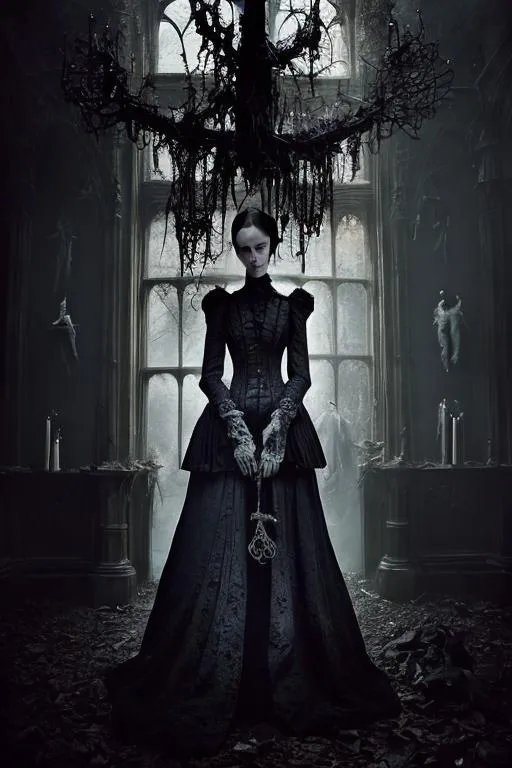 Prompt: Photograph a Haunting Figure in Victorian Gothic Couture by Alexander McQueen with Eerie Melancholy, showcasing Tattered Lace and Macabre Embellishments. Set against a Abandoned Manor Background with Low Key Candlelight by Tim Walker, ensuring Sinister Composition Guidelines that highlight Sinuous Poses and the exquisite craftsmanship of Alexander McQueen. Capture the Figure's expressions, emphasizing Mysterious Gloom and Haunting Beauty for a visually stunning collaboration between Alexander McQueen and Tim Walker.