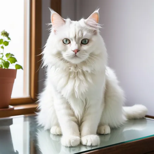 Prompt: White Fluffy Cat Sitting on Glass Table With CatNip