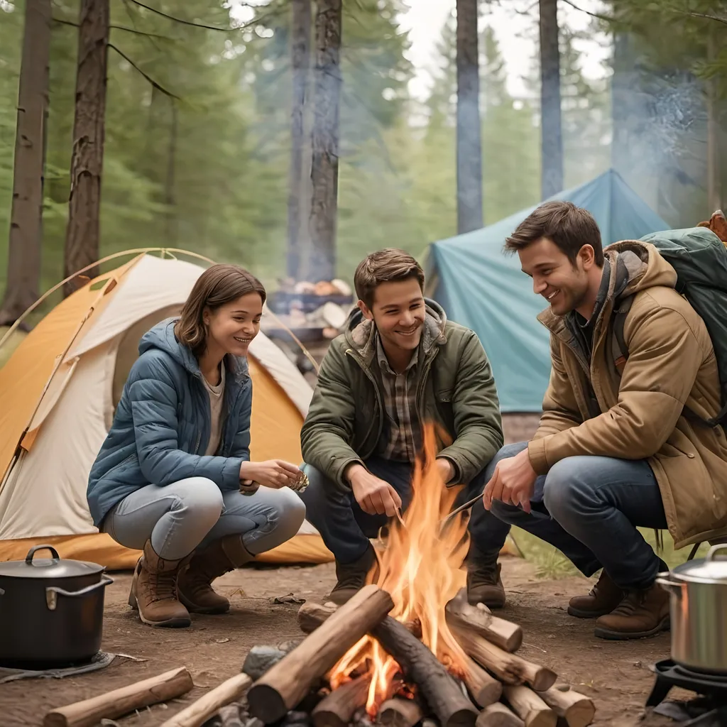 Prompt: Man in his 30's, a womanin her 30's , and a teen boy around campfire, one person is cooking on fire, two tents in background, daytime, wooded area, outdoor scene, natural lighting, detailed faces, high resolution, realistic, camping, family, warm tones, cozy atmosphere, natural setting, outdoor cooking, detailed clothing, happy mood