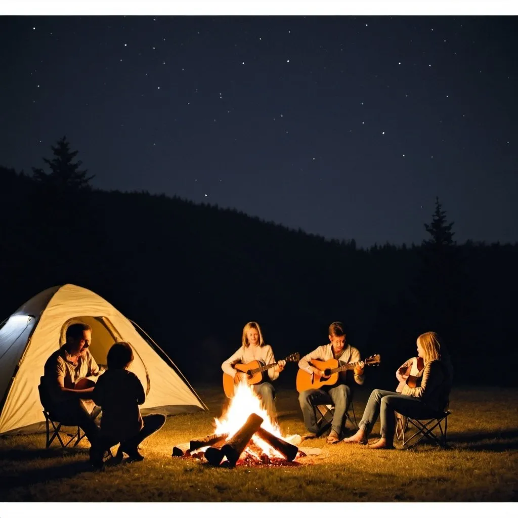 Prompt: A family around a campfire at night, tents in the background and someone playing a guitar.