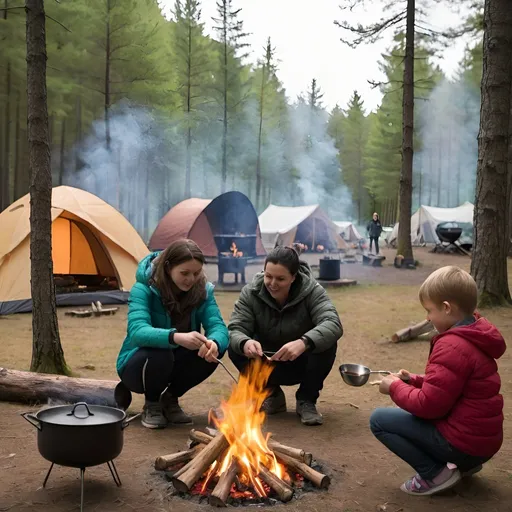Prompt: A family around a campfire. two Tents in the background. Someone is cooking on the fire. Daytime. Woods in the background.
