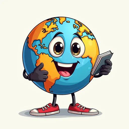 Prompt: I want the drawing of a colourful ball of the world, which is a news reporter. It is a character for children, so it has to be attractive.