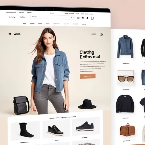 Prompt: "A professional e-commerce website design featuring a product gallery, shopping cart, and checkout page. The image highlights a clean, user-friendly shopping experience with categories like 'Clothing,' 'Electronics,' and 'Accessories.' A credit card and 'Pay Now' button are visible."