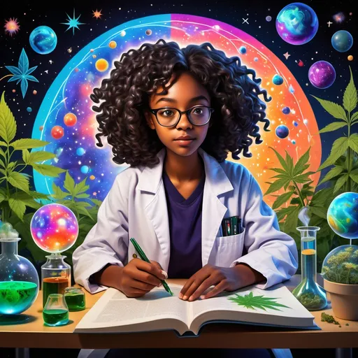 Prompt: An 18 year old black girl with wavy hair and glasses is a biochemist in a lab coat and a dreamer who has a psychedelic experience while reading a textbook at her desk, surrounded by atomic orbitals and marijuana and the trees and a planetarium ceiling with stars, with wavy colorful art and biology and chemistry and plants