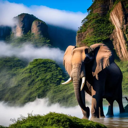 An elephant standing in the middle of a stream. Gorilla jungle mist. -  PICRYL - Public Domain Media Search Engine Public Domain Search