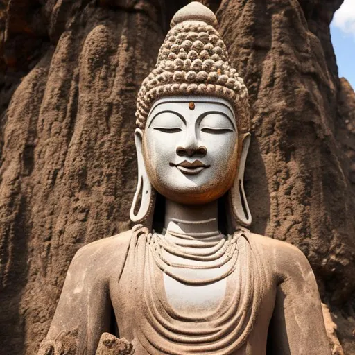 Prompt: Bhudda statue rock skin in the mountain, light