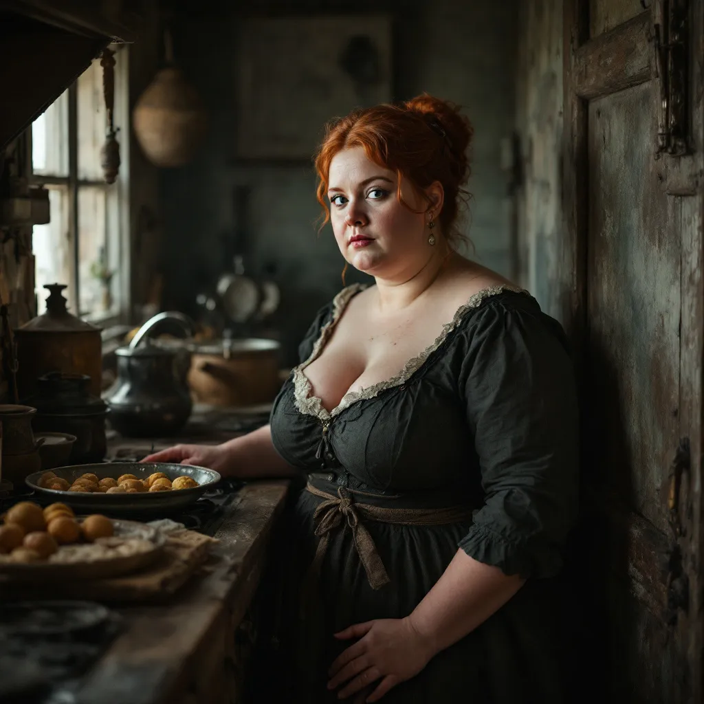 Prompt: Žena u pece ve staré kuchyni. Má červené vlasy, 163cm, trošku buclatější, veliká prsa. Obličej beze změny. Rok 1820
