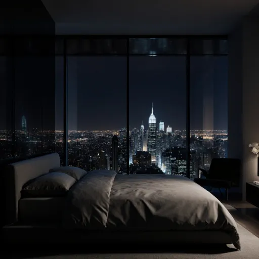 Prompt: An ultra-modern bedroom interior with large glass walls opening onto a city skyline at night. Sleek, unobtrusive furniture and ambient, dim lighting create a tranquil mood. Focus on the interplay of light and shadow on the surfaces. Style: Photorealistic rendering, architectural photography, cinematic lighting.