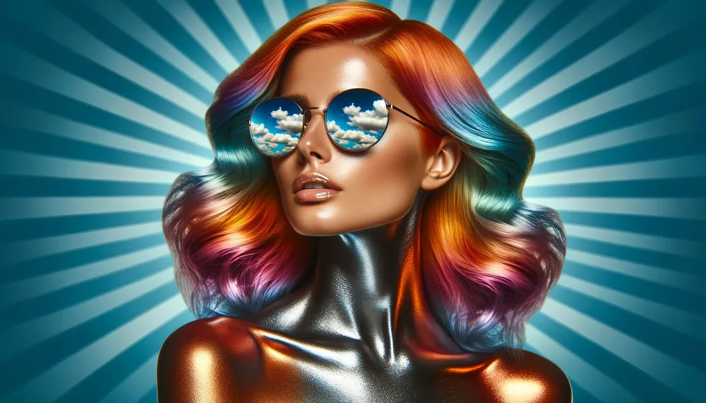Prompt: Photo of a woman with hair transitioning from fiery oranges and reds at the roots to cool blues and purples at the tips. She's wearing sunglasses reflecting a sky with clouds. Her skin has a glossy, metallic finish, all set against a backdrop with blue radiant rays.