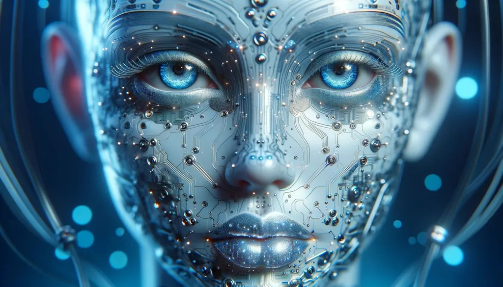 Prompt: Artistic macro photo render emphasizing the minute details of a female android's face, artistically illuminated in a soft blue hue. The focus is on the intricate circuitry, shimmering metallic lips, and the almost human-like eyes, portraying a dreamlike blend of organic and digital in wide format