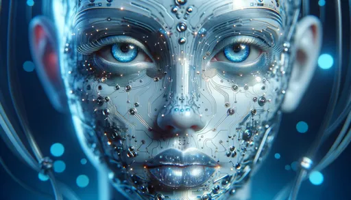 Prompt: Artistic macro photo render emphasizing the minute details of a female android's face, artistically illuminated in a soft blue hue. The focus is on the intricate circuitry, shimmering metallic lips, and the almost human-like eyes, portraying a dreamlike blend of organic and digital in wide format