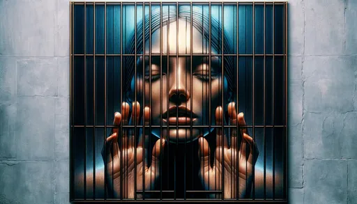 Prompt: A raw photograph of a woman's face pressed against a curtain of black bars, capturing a realistic scene. The photo features a color scheme of light bronze and dark blue, with neon grids. The curtain, resembling glass, adds an element of timeless beauty. The composition includes a symmetrical grid, presented in a wide ratio format, emphasizing the naturalistic and unedited quality of a raw photograph.