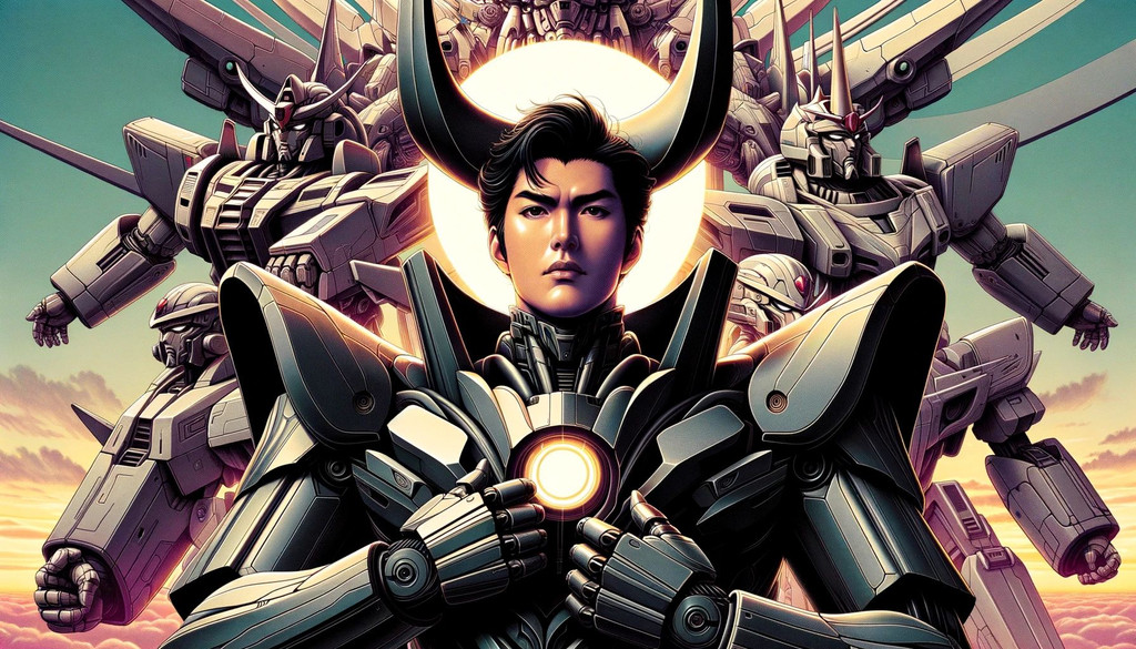 Prompt: An illustration reminiscent of mecha anime, showcasing an Asian man donned in a metallic black suit with a radiant horn, amidst a backdrop of towering robots.