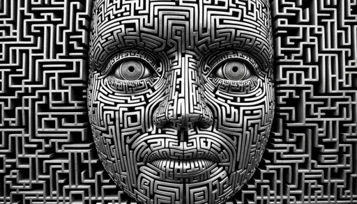 Prompt: In a wide frame, capture a metallic face, ornate with detailed maze motifs, appearing from a sea of upright metal rods. The introspective eyes radiate awareness, set against the cold, intricate maze surface.