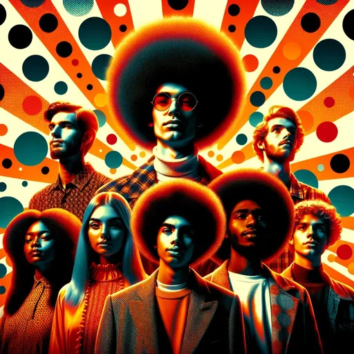 Prompt: photo of a diverse group of people with afro hairstyles, surrounded by a psychedelic orange background with contrasting light and shadow, filled with polka dots.