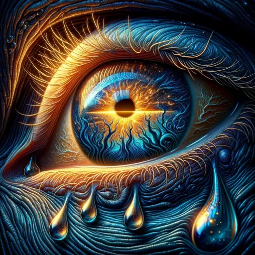 Prompt: The image showcases an intricately detailed close-up of an eye, shimmering in vibrant shades of blue and gold. Tears, some reflecting the same mesmerizing eye within them, cascade down wrinkled skin. The eye's iris holds a unique pattern resembling a silhouetted forest around a glowing horizon.